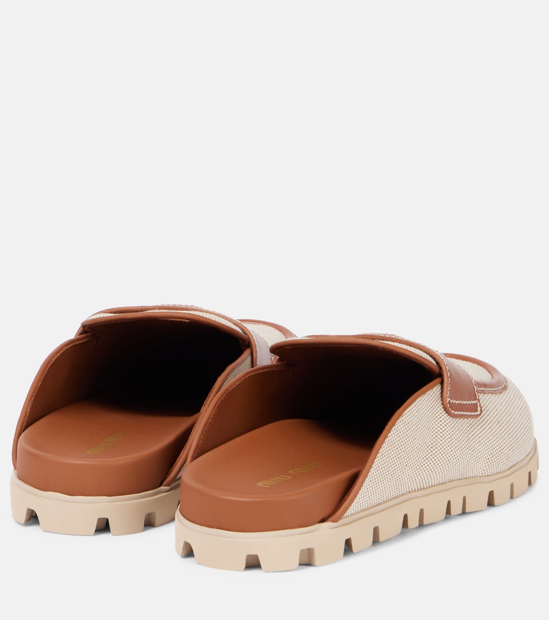 Кожаные мюли с отделкой из холста Miu Miu, Naturale + Brandy — фото 2