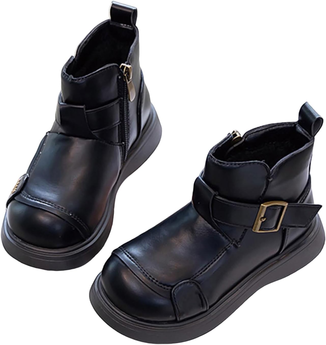 

Детские ботильоны для девочек с боковой молнией, осень-зима, уличная обувь для малышей, удобные, на платформе, короткие, с плюшевой подкладкой, кожаные с ремешком и пряжкой, противоскользящие, для верховой езды Generic, Black