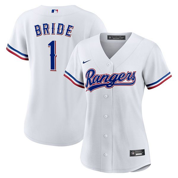 

Женская белая реплика домашней футболки Texas Rangers #1 Bride Nike, Белый, Женская белая реплика домашней футболки Texas Rangers #1 Bride Nike