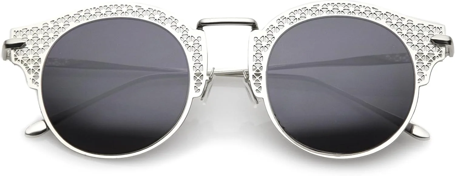 

zeroUV - Женские солнцезащитные очки в открытой металлической полурамке с вырезами, тонкими дужками и круглыми плоскими линзами 50 мм, Matte Silver / Smoke