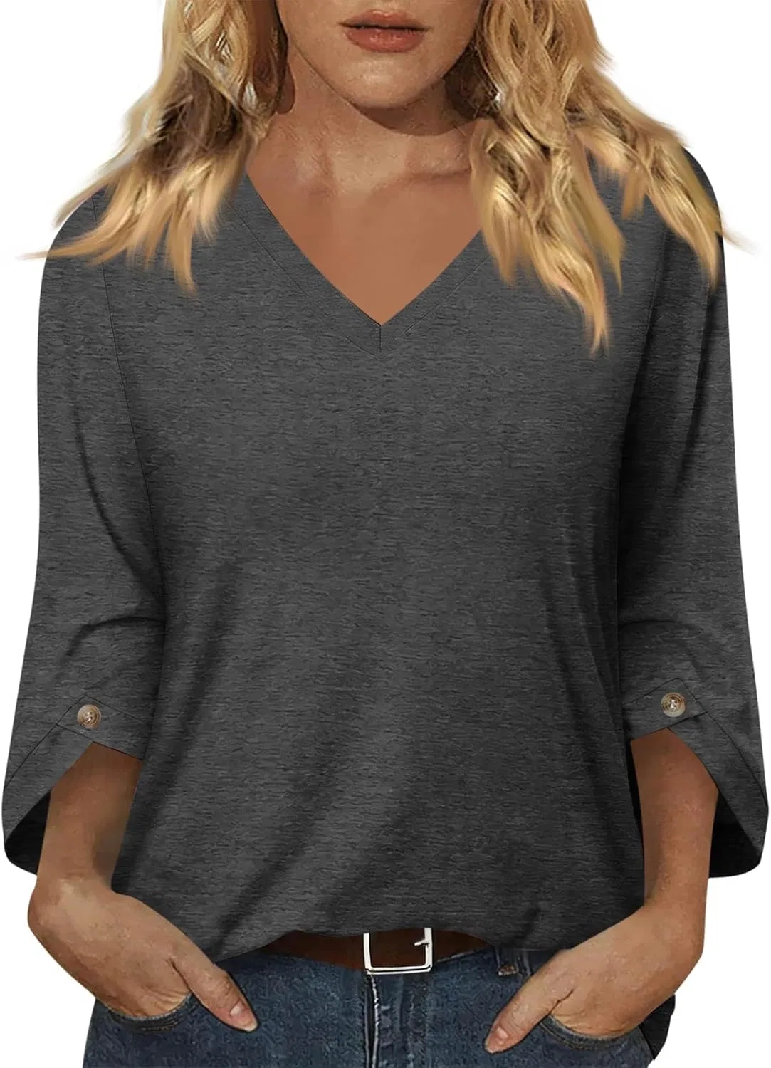 Блуза с V-образным вырезом, 3/4 рукав, пуговицы, женская, Plus Size, Ff04 Dark Gray