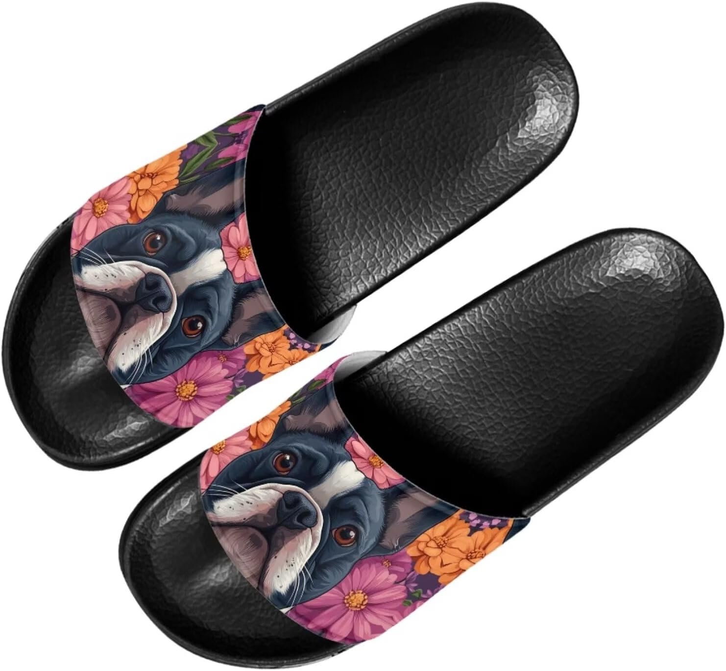 

Женские повседневные шлепанцы Forchrinse Black Cat с нотками музыки, мягкие нескользящие открытые тапочки, шлепанцы с плоской подошвой из ЭВА, Bull Dog and Flower