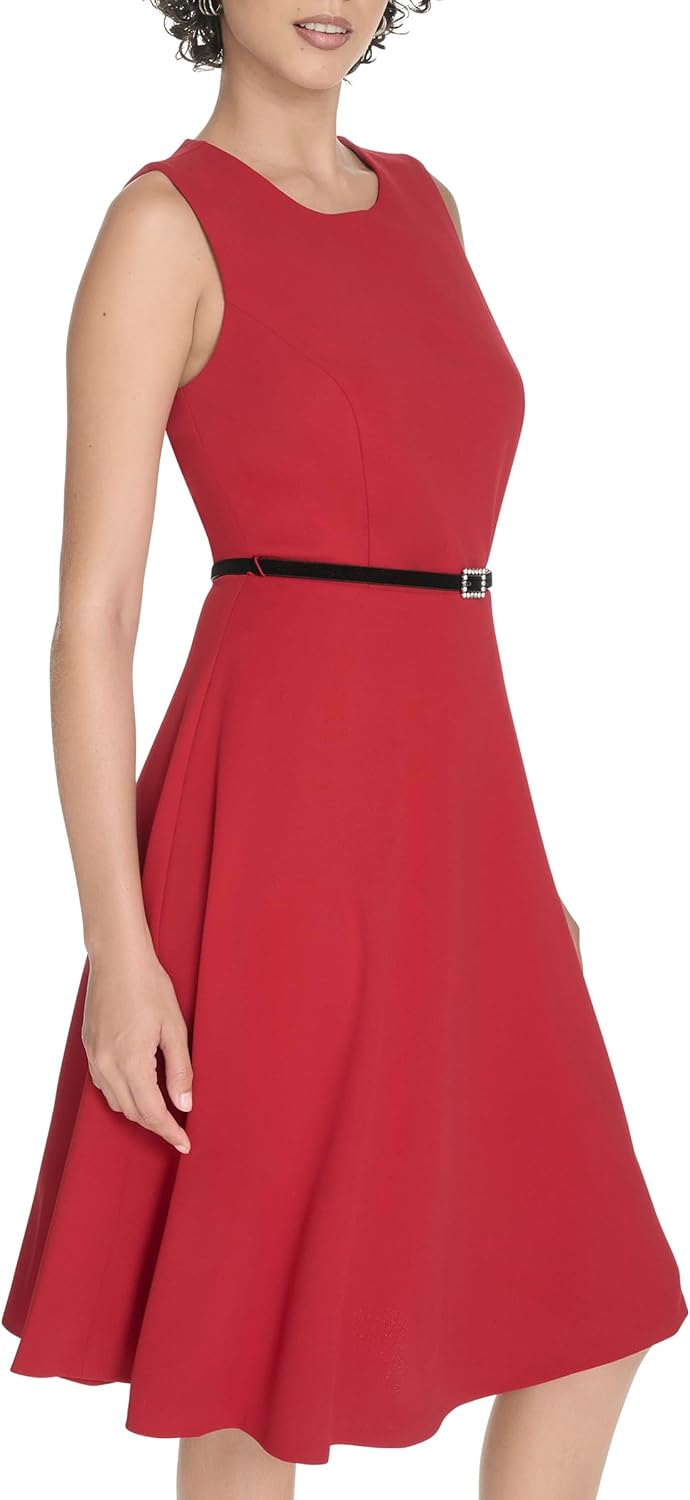 Женское платье миди Tommy Hilfiger из крепа Scuba без рукавов с расклешенным лифом, Deep Scarlet — фото 3