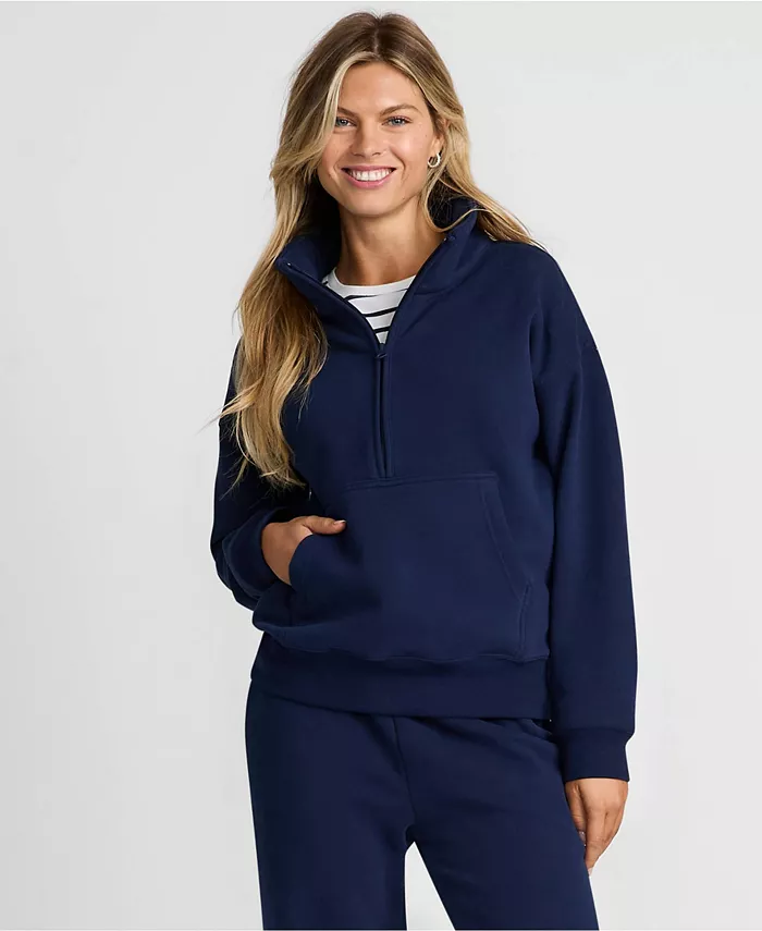 

Женская толстовка Serious Sweats с длинным рукавом и молнией до середины груди, свободный крой Lands' End, синий