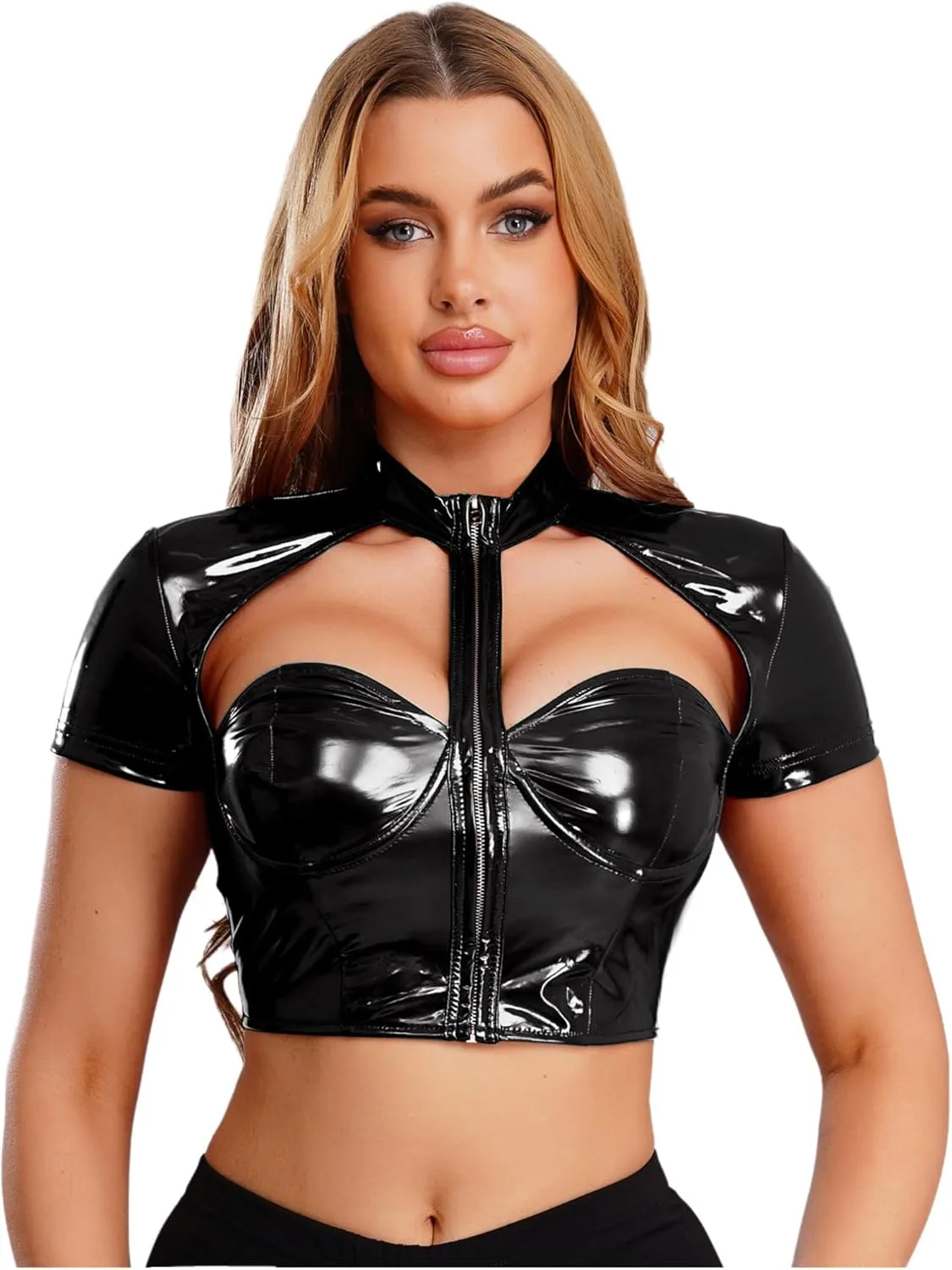 

Женский топ Easyforever с коротким рукавом, на косточках, из искусственной кожи, с молнией