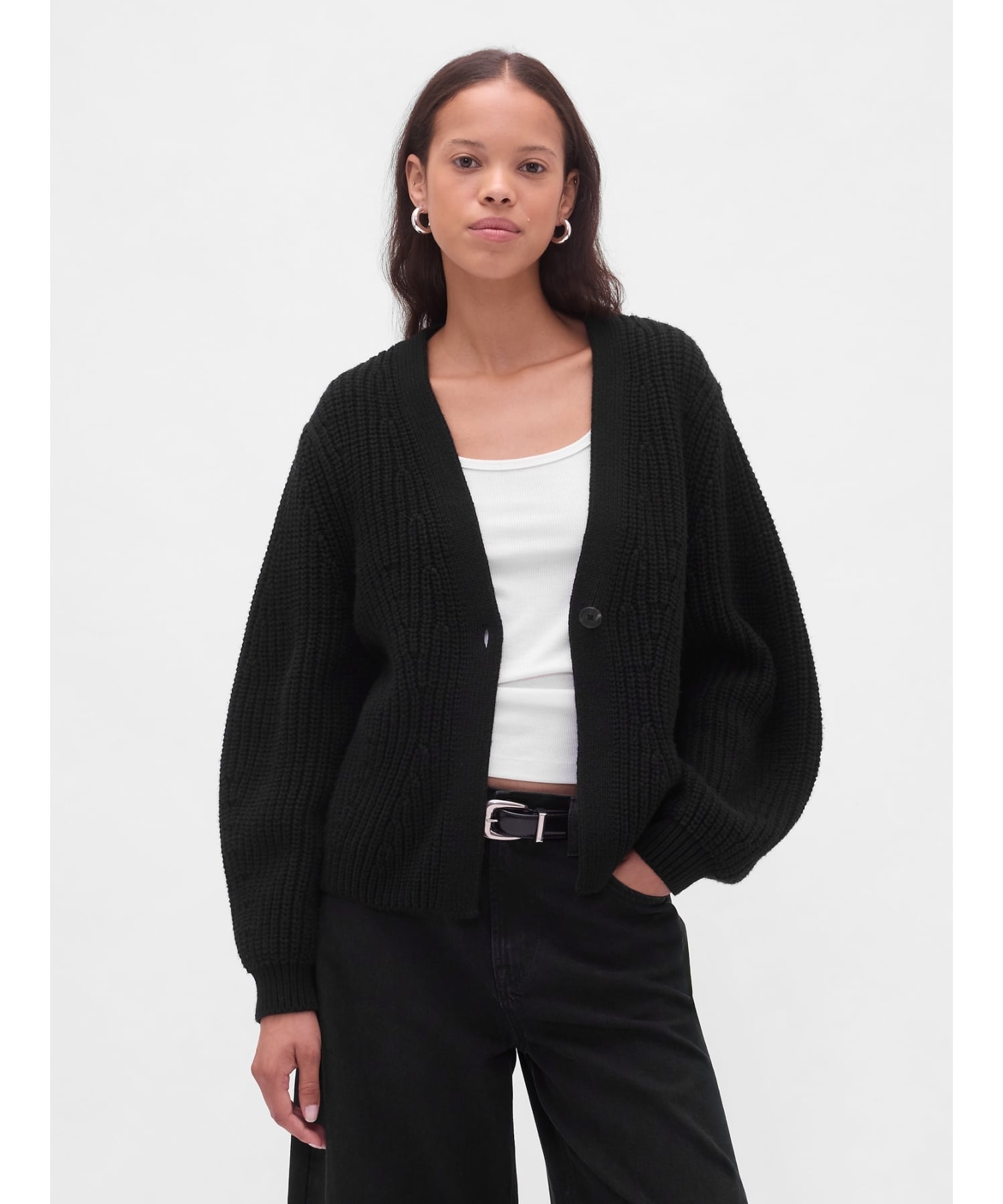 (W) Вязаный кардиган с рукавами-бочками GAP, BLACK