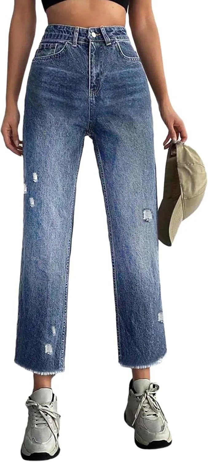 

Женские рваные джинсы Boyfriend с высокой талией и прямыми штанинами QLAUYIOE