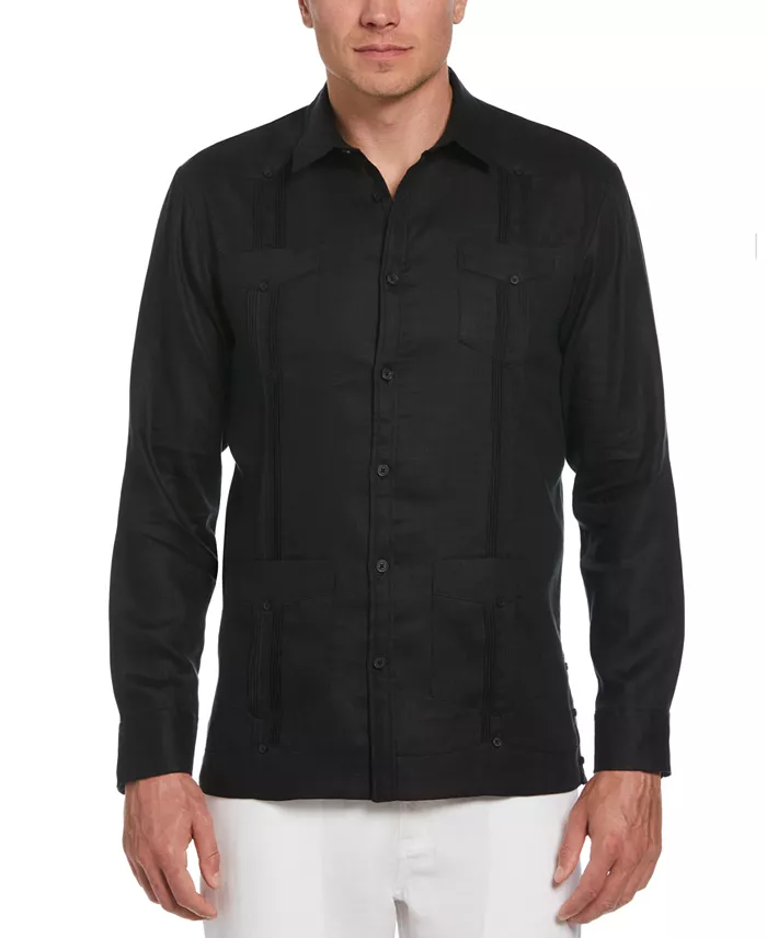 

Мужская гавайская рубашка Guayabera с длинным рукавом и 4 карманами, 100% лен Cubavera, черный