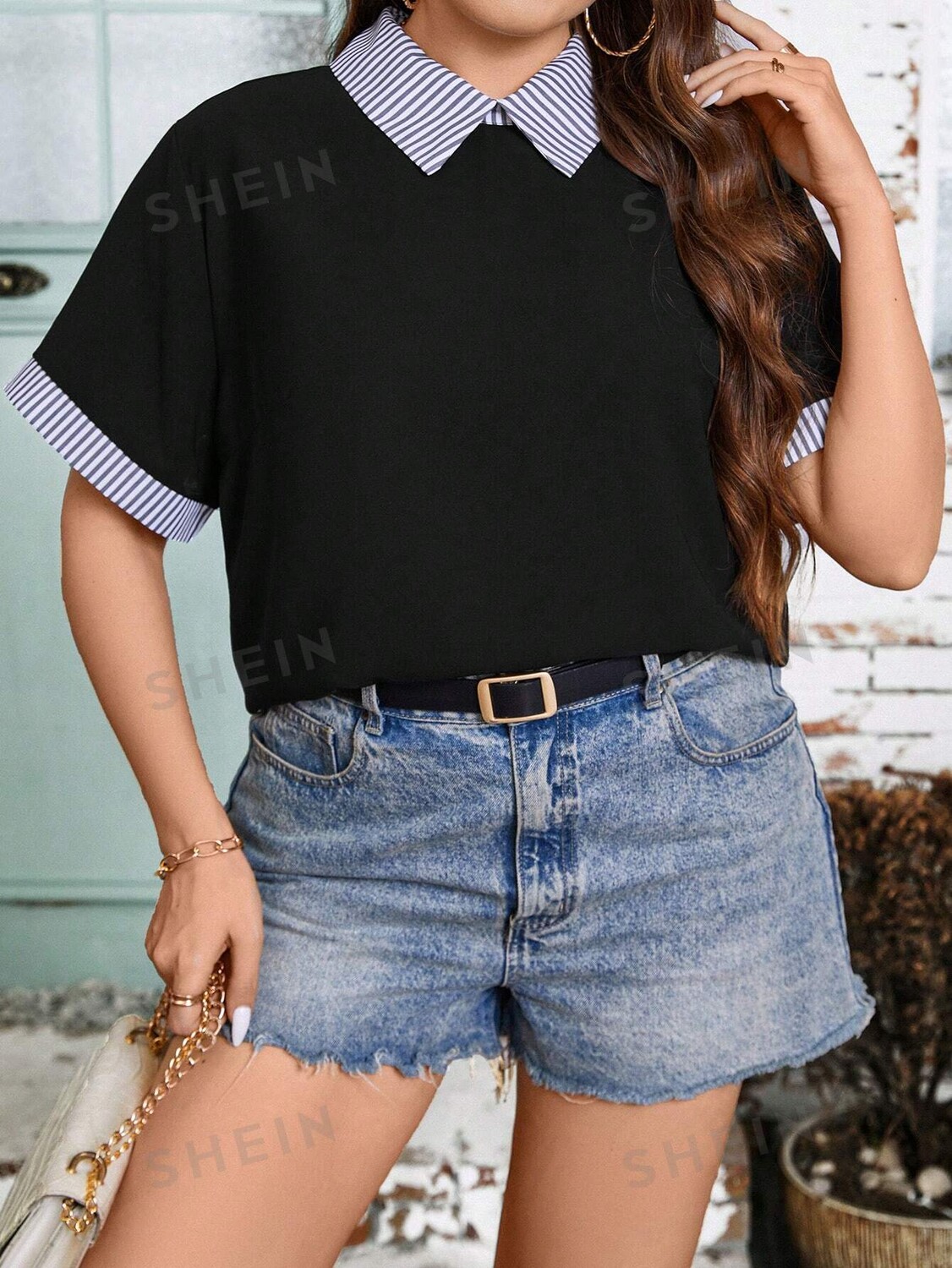 

LUNE Плюс Размер Женская Свободная посадка в полоску с отложным воротником и коротким рукавом Летняя повседневная рубашка Shein, мультиколор