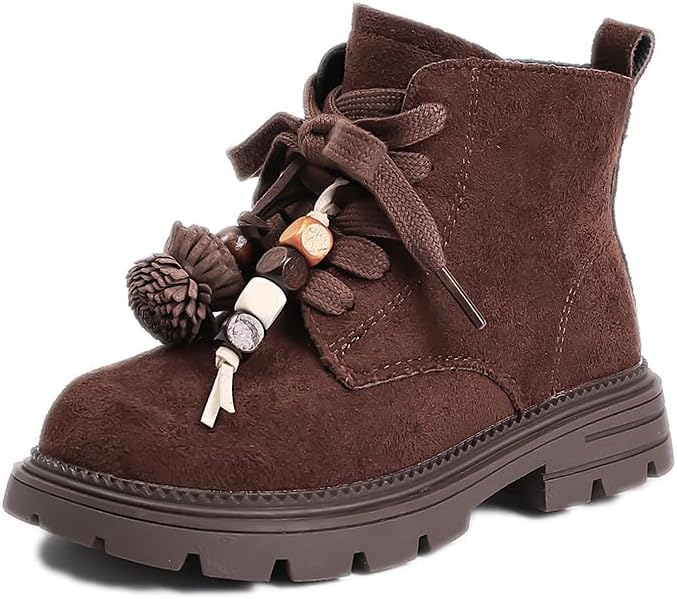 

Девочкам замшевые ботильоны на платформе с толстым каблуком, боковой молнией, с милыми бисерными цветами, на шнуровке, комфортные, с округлым носком, мягкой подошвой, короткие AZAGNEEM, Coffee