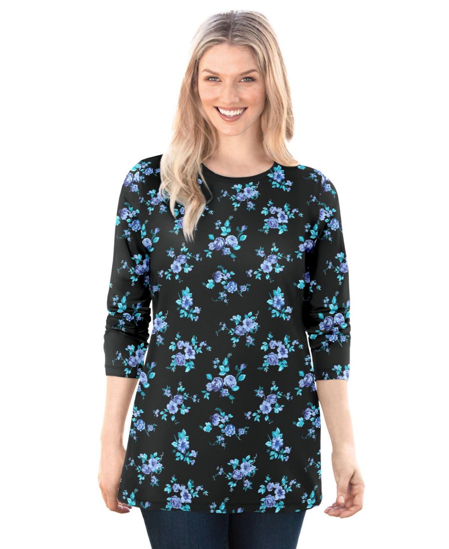 

Футболка с длинными рукавами и круглым вырезом, идеально подходящая для полных женщин Woman Within, Blue rose ditsy bouquet