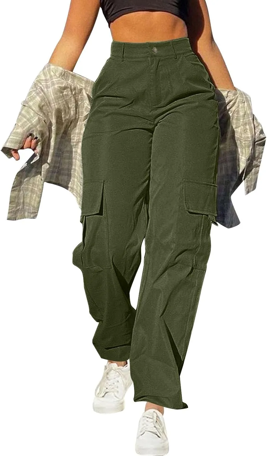 Generic Черные карго-брюки Women High Waisted Casual Jogger Workout Pants модные широкие Y2K Streetwear с карманами
