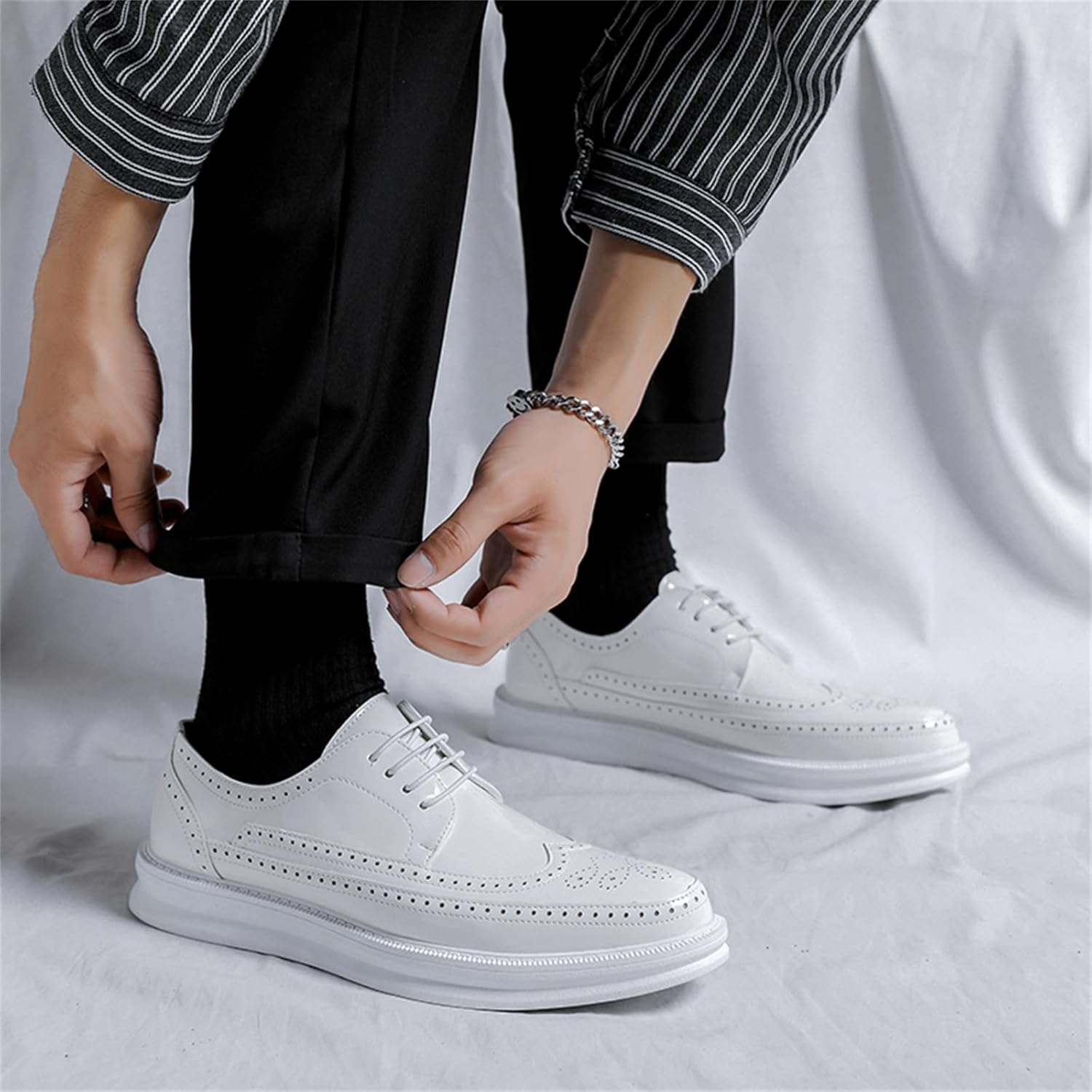 Мужские кожаные оксфорды с перфорацией Wingtip, дышащие, на шнуровке, с противоскользящей резиновой подошвой, ортопедическим комфортом для деловой одежды Jhfdioy, белый — фото 3