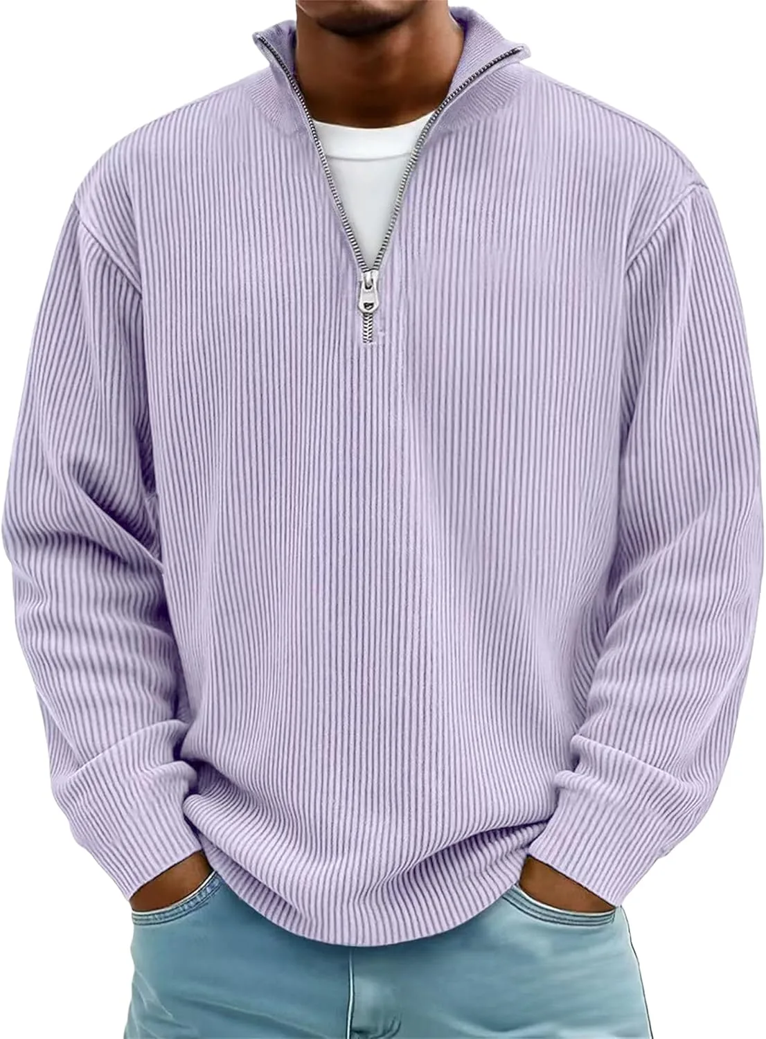 Мужской пуловер с воротником стойкой и молнией на четверть, Casual Textured