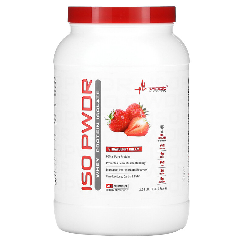 

Metabolic Nutrition, ISOpwdr, изолят сывороточного протеина, клубничный крем, 1380 г (3,04 фунта)