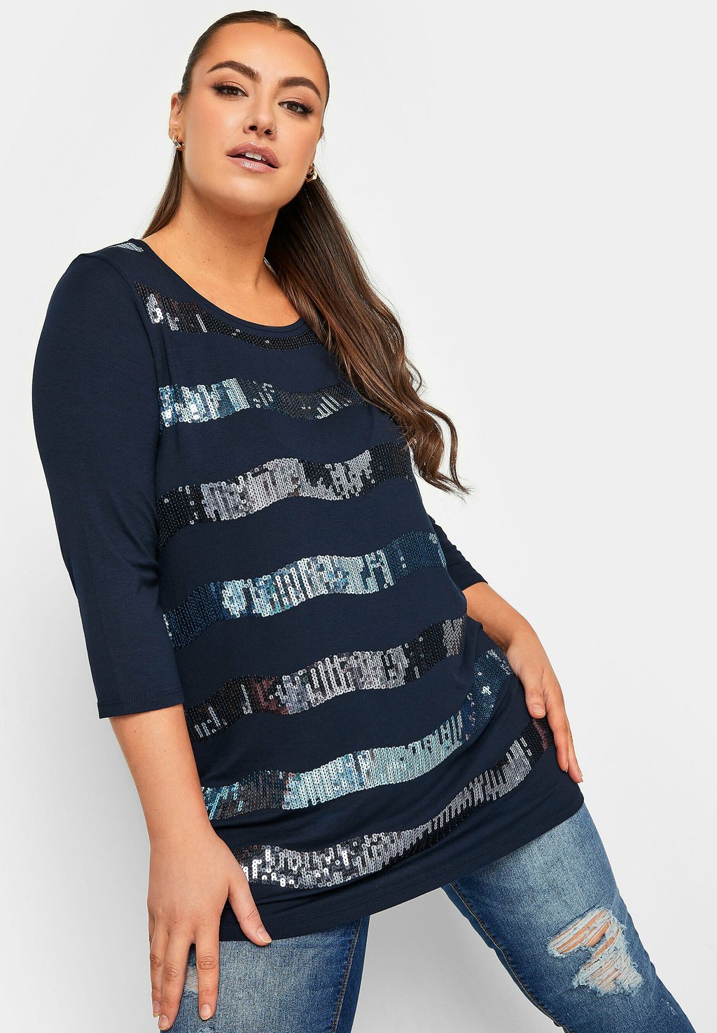 

Топ с длинными рукавами SEQUIN EMBELLISHED STRIPE Yours Clothing, темно-синий