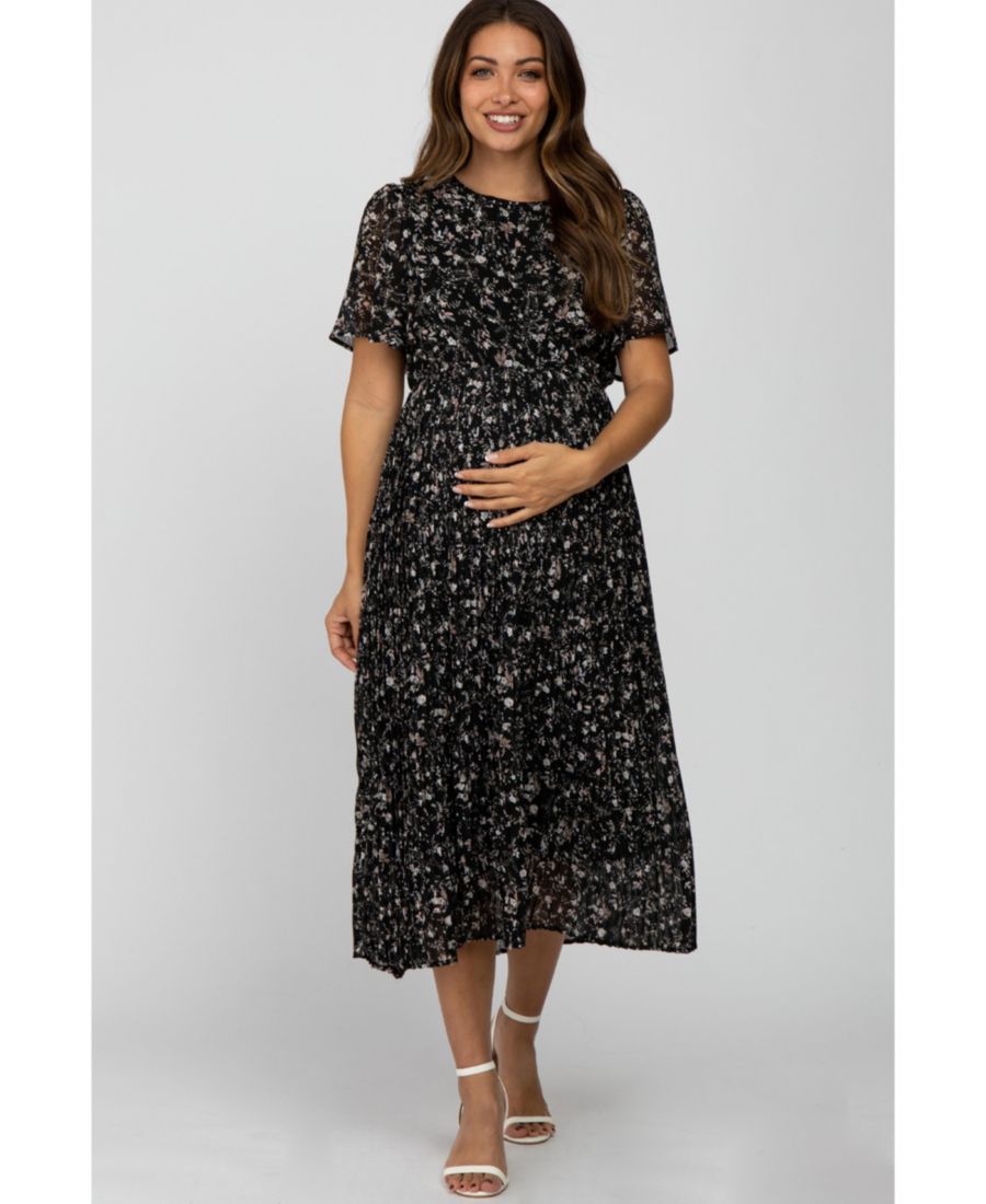 

Черное миди-платье для беременных из шифона с цветочным принтом и плиссировкой, короткими рукавами Pinkblush, Black