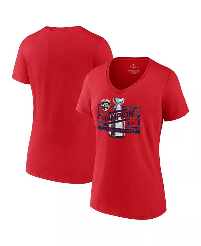

Женская красная футболка Florida Panthers 2024 Stanley Cup Champions Primetime с V-образным вырезом Fanatics