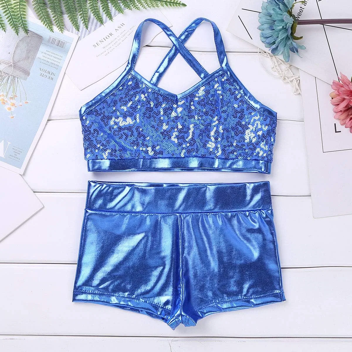 Детский спортивный комплект Agoky, 2 предмета, танцевальный топ и шорты, Light Blue Shiny — фото 3