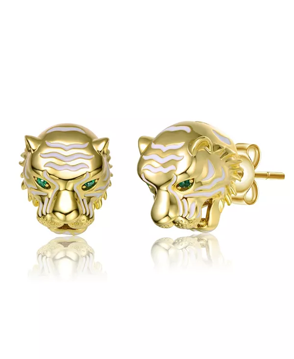 

Серьги-Гвоздики с 3D-головой ревущего тигра, покрытые 14-каратным желтым золотом, зелеными кубическими цирконами и белой эмалью Rachel Glauber, gold