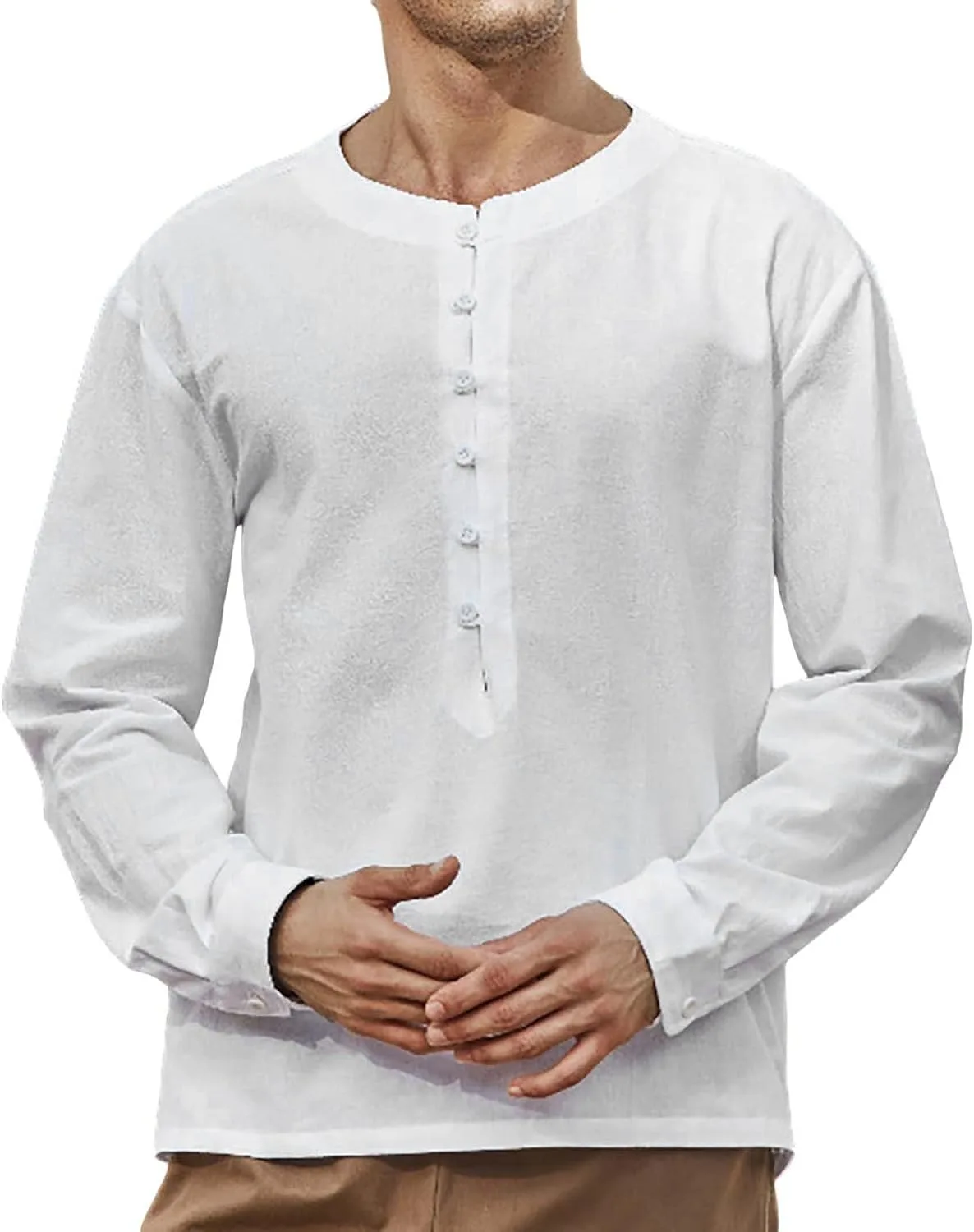 

Мужская льняная рубашка-поло с длинным рукавом и воротником-стойкой