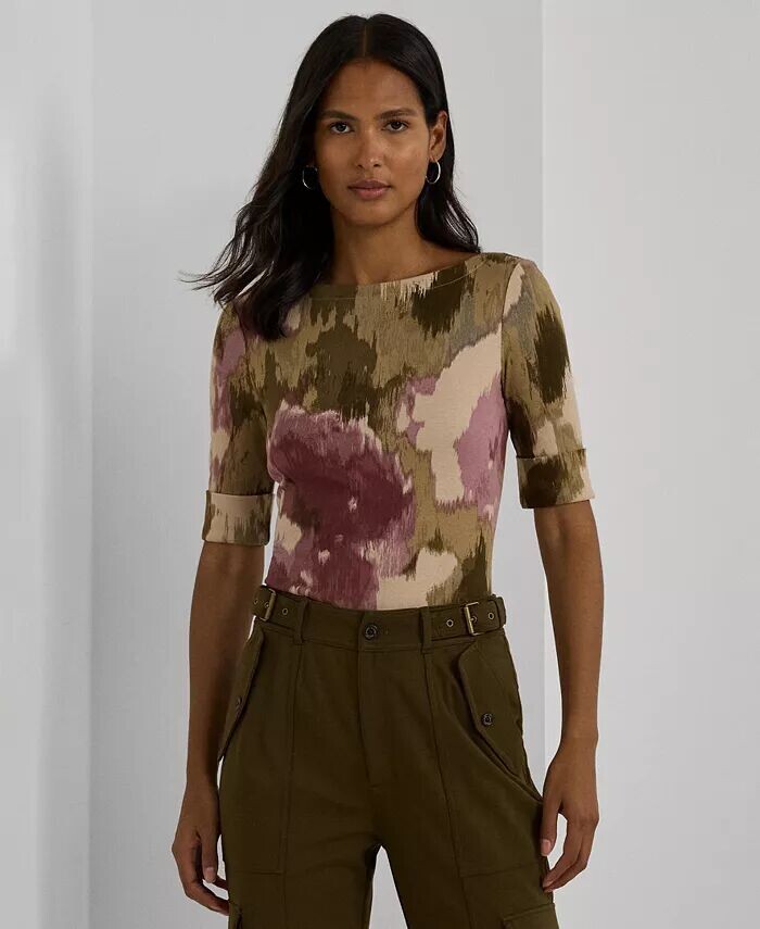 

Женская футболка с вырезом «лодочка» с цветочным принтом, стандартная и миниатюрная Lauren Ralph Lauren, бежевый