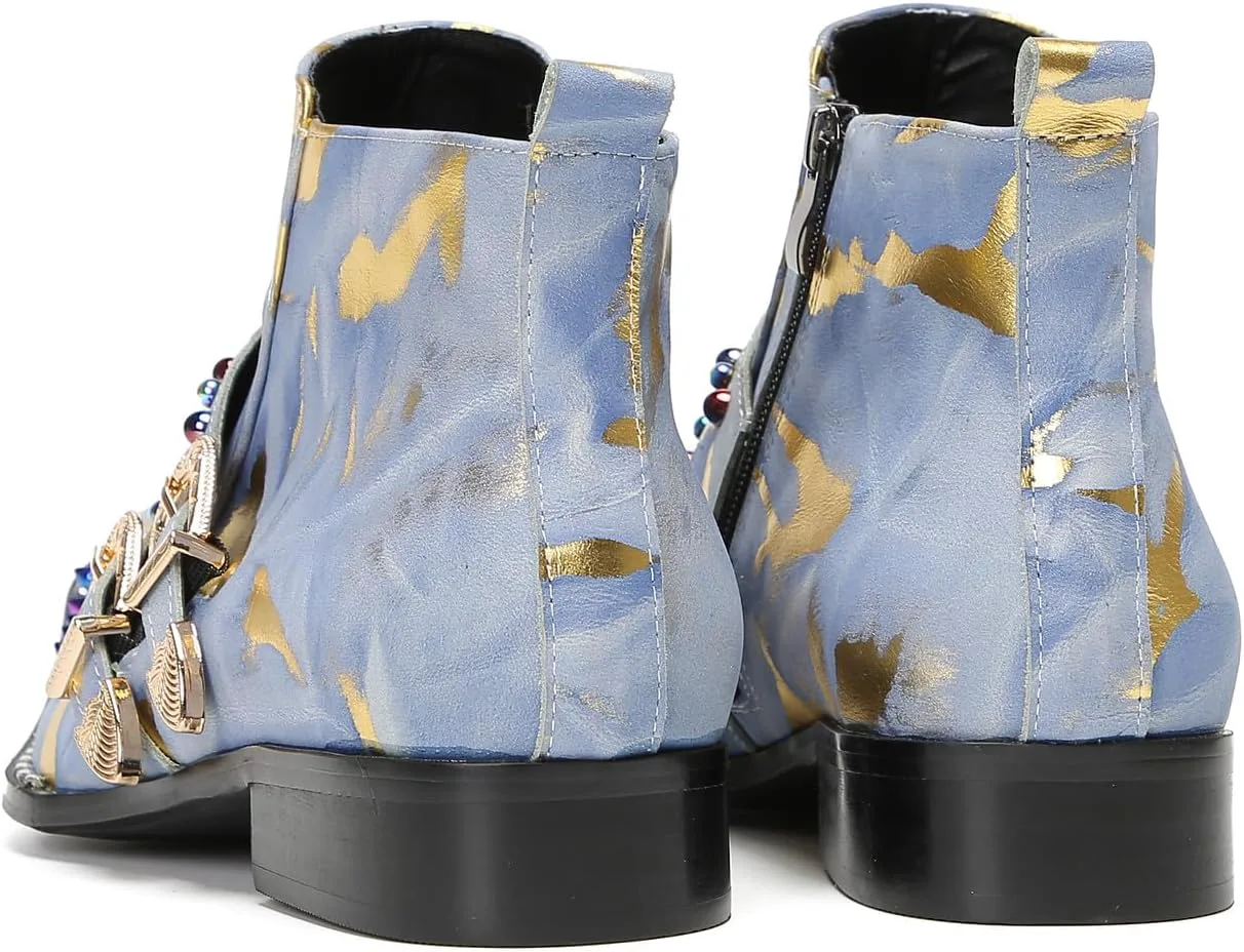 

Мужские повседневные ботинки Santimon Chelsea - настоящая кожа, ковбойские вестерн-бутсы с двойной пряжкой и разноцветными бусинами для вечеринок и бальных танцев, синий