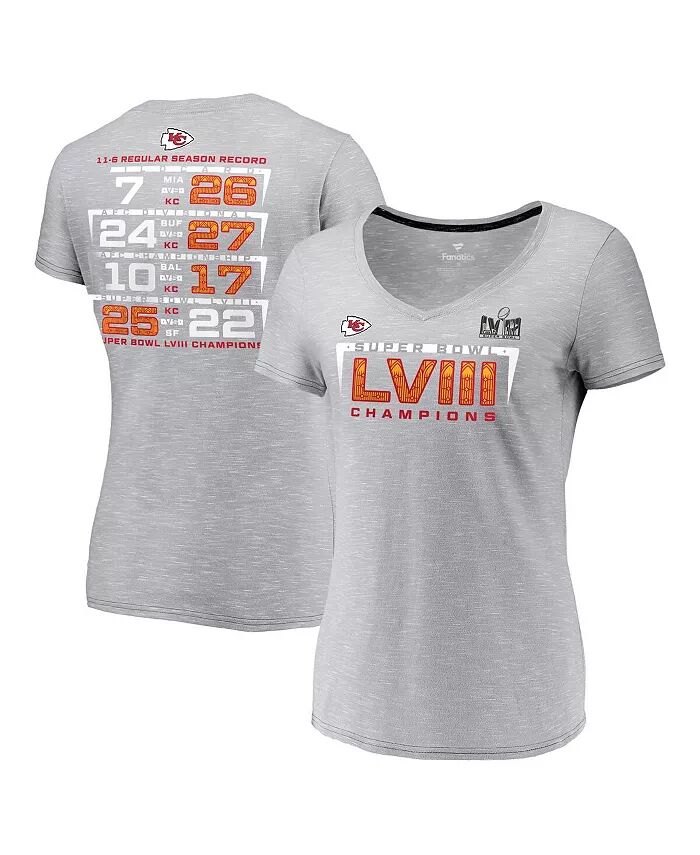 

Женская серая футболка Kansas City Chiefs Super Bowl LVIII Champions Counting Points с V-образным вырезом Fanatics