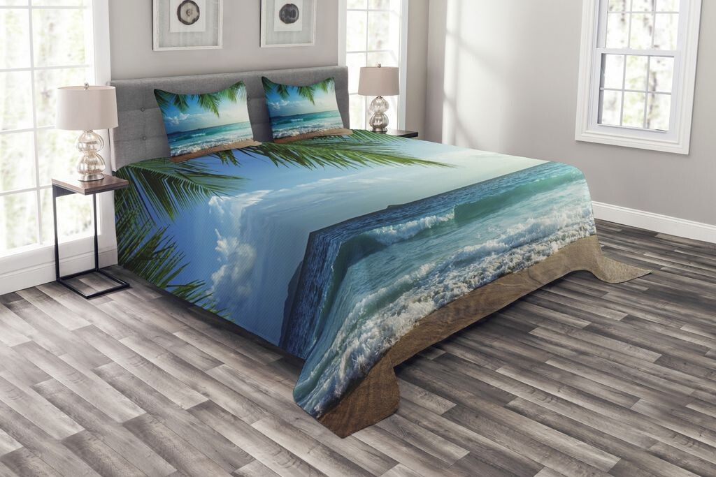 

ABAKUHAUS Комплект покрывала Ocean, Palm Trees Tropical Island, комплект с моющимися наволочками, для односпальных кроватей 220 x 220 см, синий и зеленый