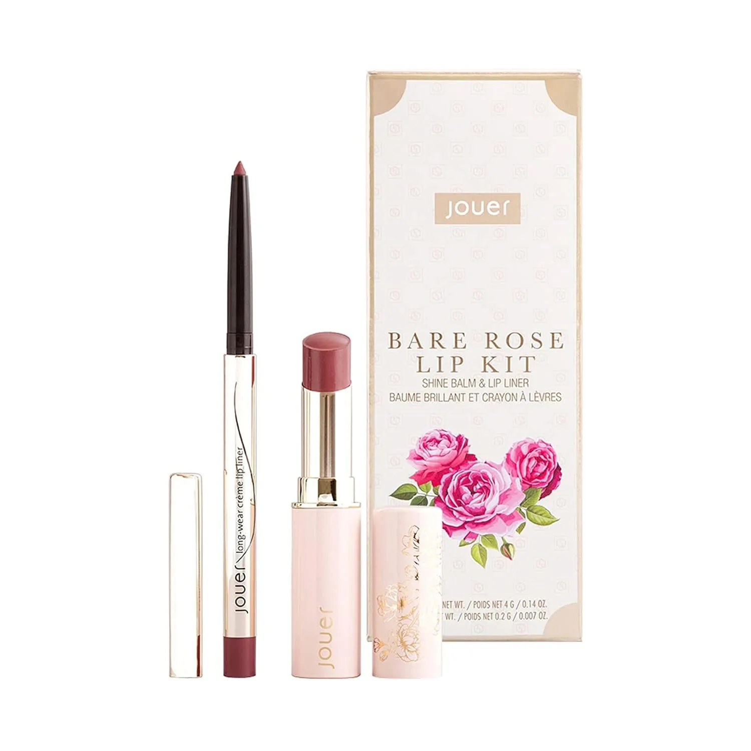 Jouer Bare Rose Lip Kit - блеск для губ и карандаш-дуэт, тонированный бальзам с маслом жожоба, Bare Rose- Lip Balm & Liner Duo