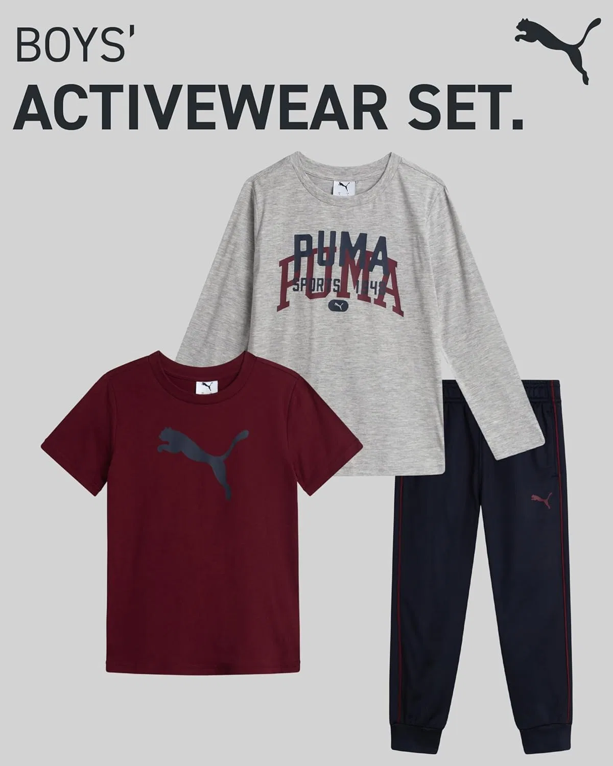 Детский спортивный комплект PUMA для мальчиков - 3 предмета: футболка с коротким рукавом, футболка с длинным рукавом и трикотажные брюки - спортивный комплект для мальчиков, размеры 2T-7, Maroon/Light Grey — фото 2