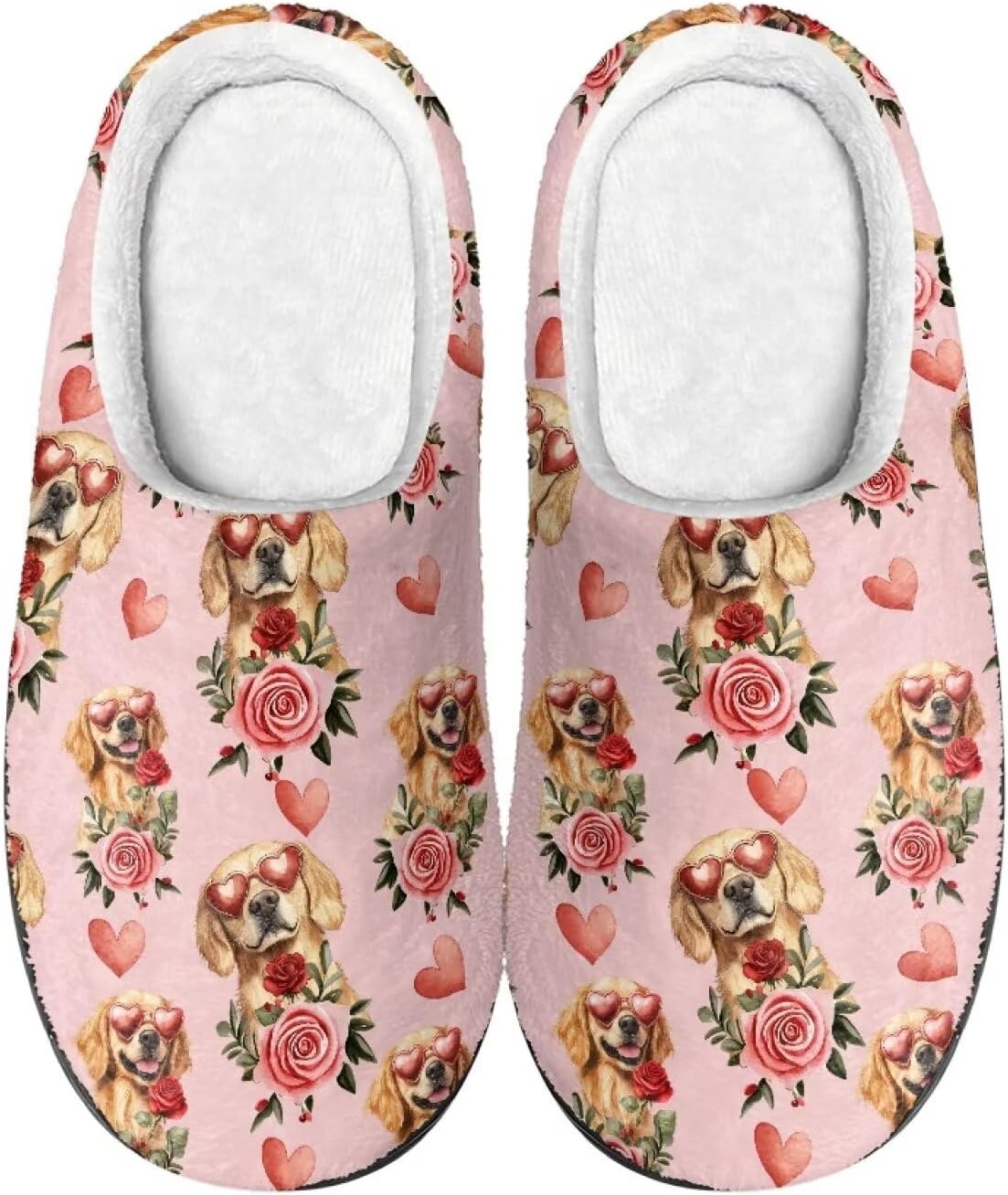 

Домашние тапочки с принтом для женщин и мужчин, нескользящие, пушистые, удобные для дома и улицы Baxinh, Pink-golden Retriever Rose