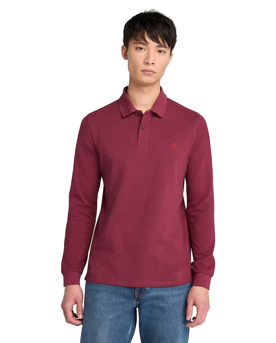 

Мужская рубашка-поло из пике с длинными рукавами и приталенным кроем Timberland, бордовый