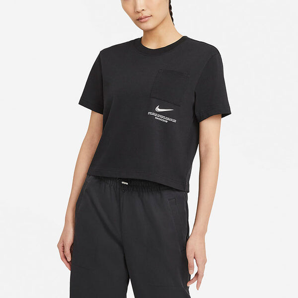 Футболка (WMNS) Nike Sportswear Swoosh Short Printed Round Neck Pullover T-Shirt Black, черный — фото 4