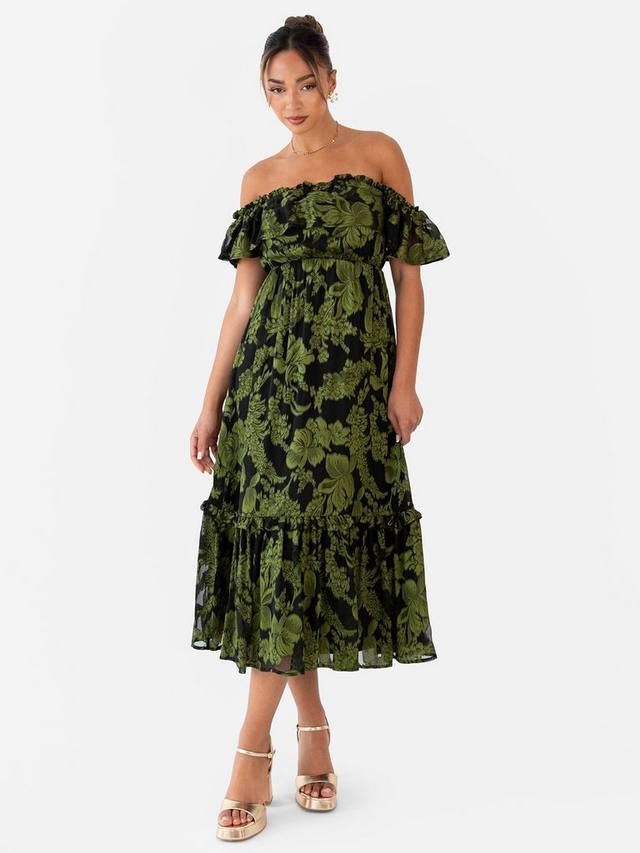 

Флоральный жаккардовый бардо миди-платье Maya Deluxe, Black/Green