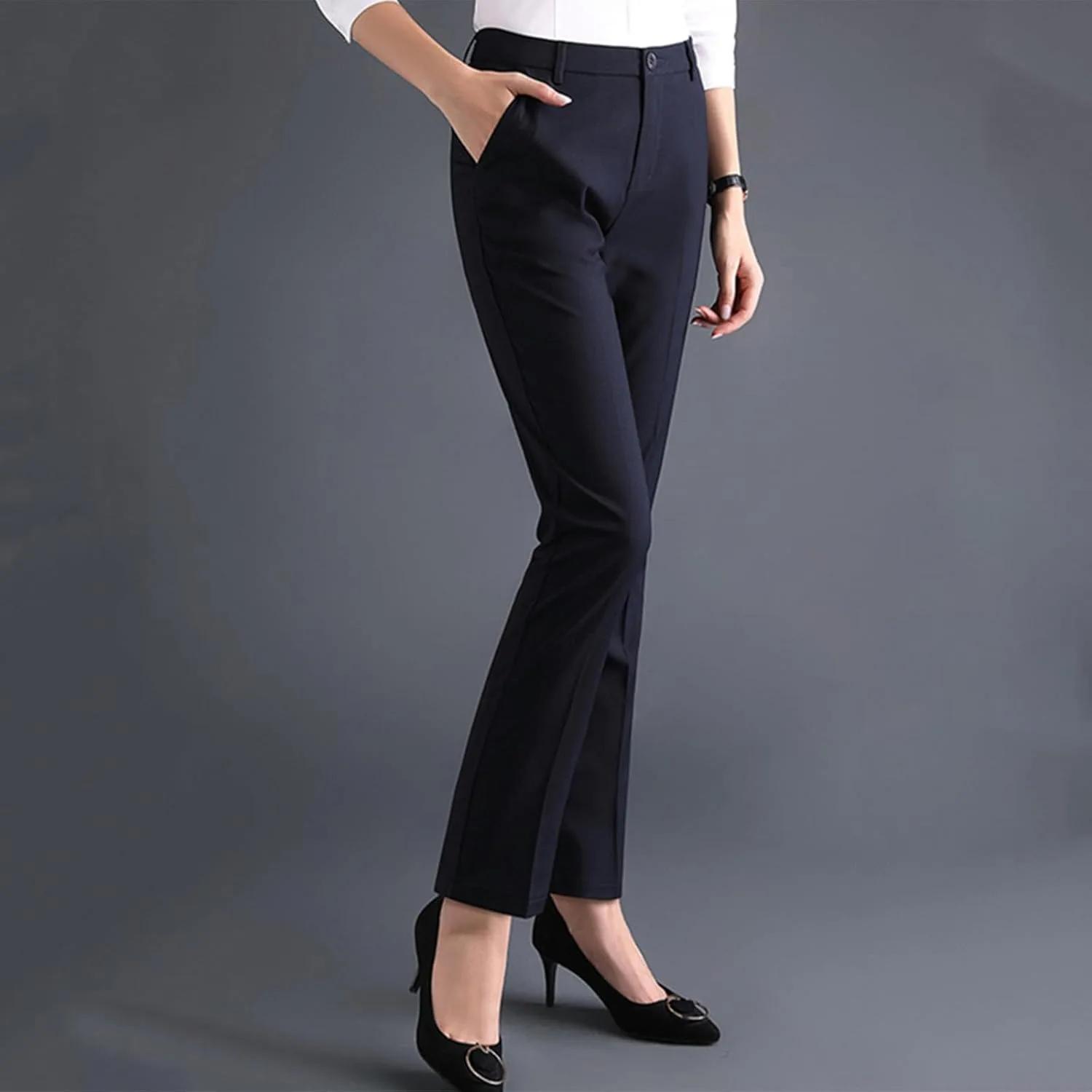 Брюки женские High Waisted, офисные, повседневные, свободного кроя, легкие, универсальные, с карманом Generic, темно-синий — фото 2
