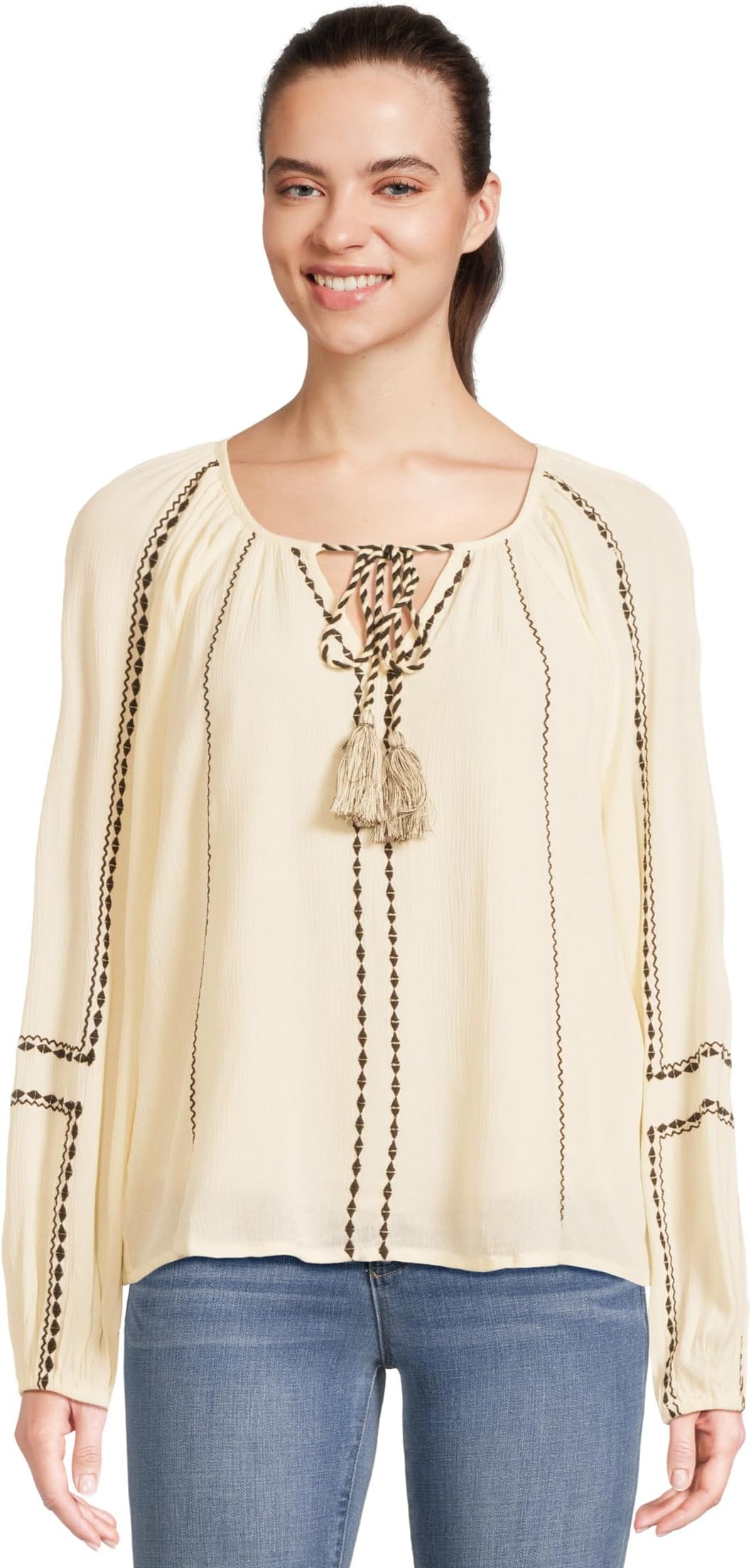 

Блуза Liverpool Los Angeles Long Sleeve Woven Raglan Blouse With Embroidery, Alabaster/Black Embroidery