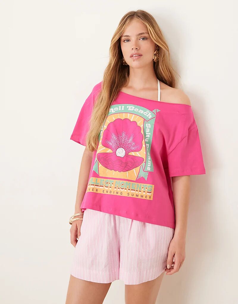 

Футболка ASOS DESIGN свободного кроя с открытыми плечами и принтом ракушек устриц розового цвета