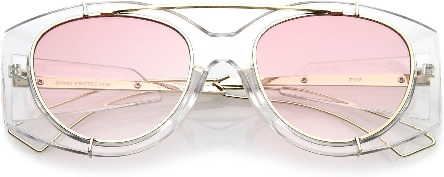 

zeroUV - Футуристические солнцезащитные очки большого размера 53 мм с полупрозрачными металлическими дужками и перекладиной, круглыми плоскими линзами, Clear Gold / Pink Gradient