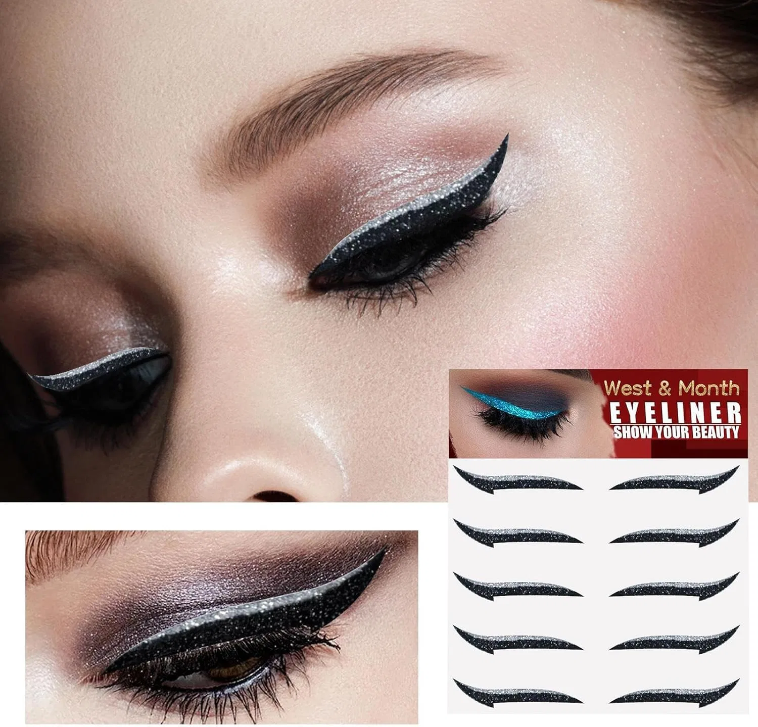 Подводка для глаз Glitter Eyeliner Sticker, 5 пар, серебристый — фото 2