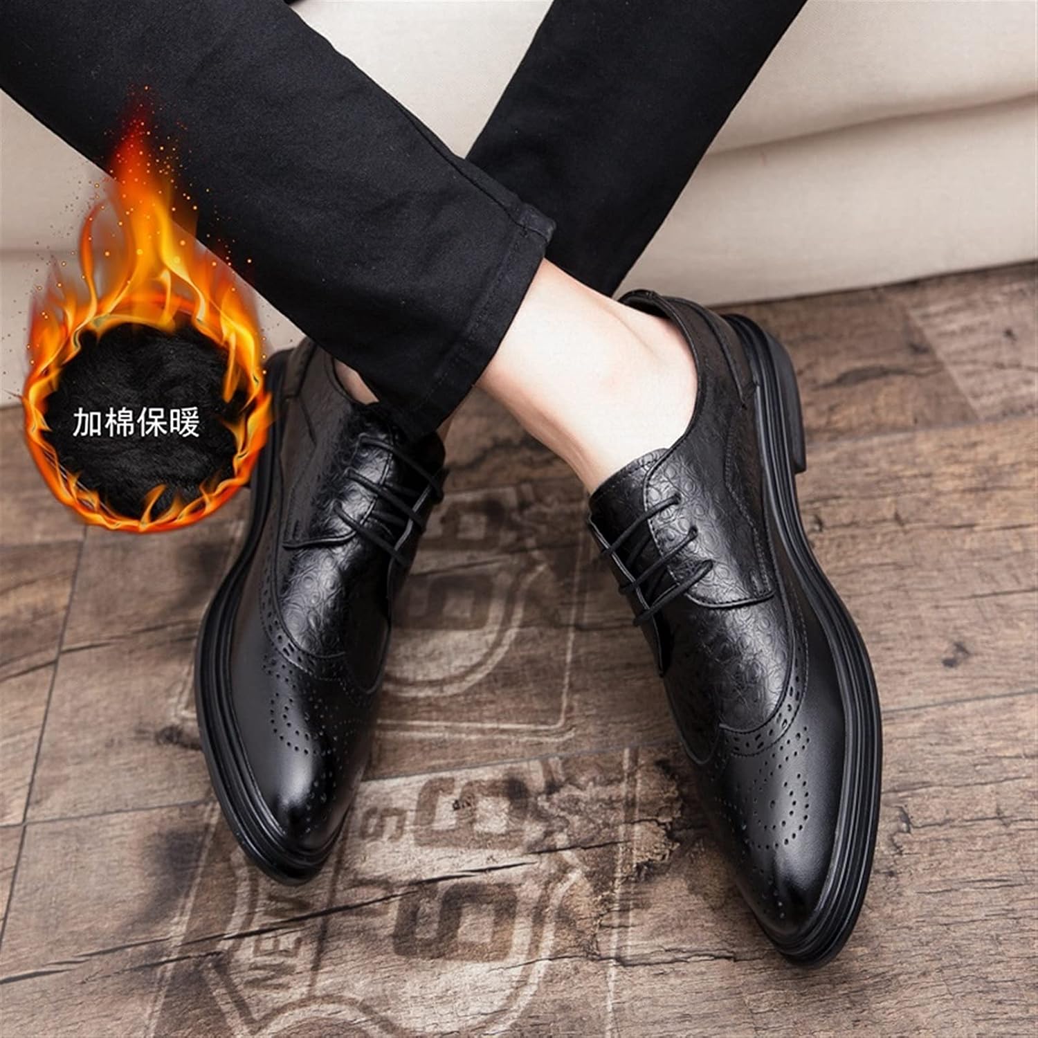 Мужские туфли Oxford с шнуровкой и перфорацией Wing Tip Brogue, дерби, искусственная кожа, низкий каблук, противоскользящая резиновая подошва, для вечеринок (цвет: черный, размер: 6) Dodani — фото 4