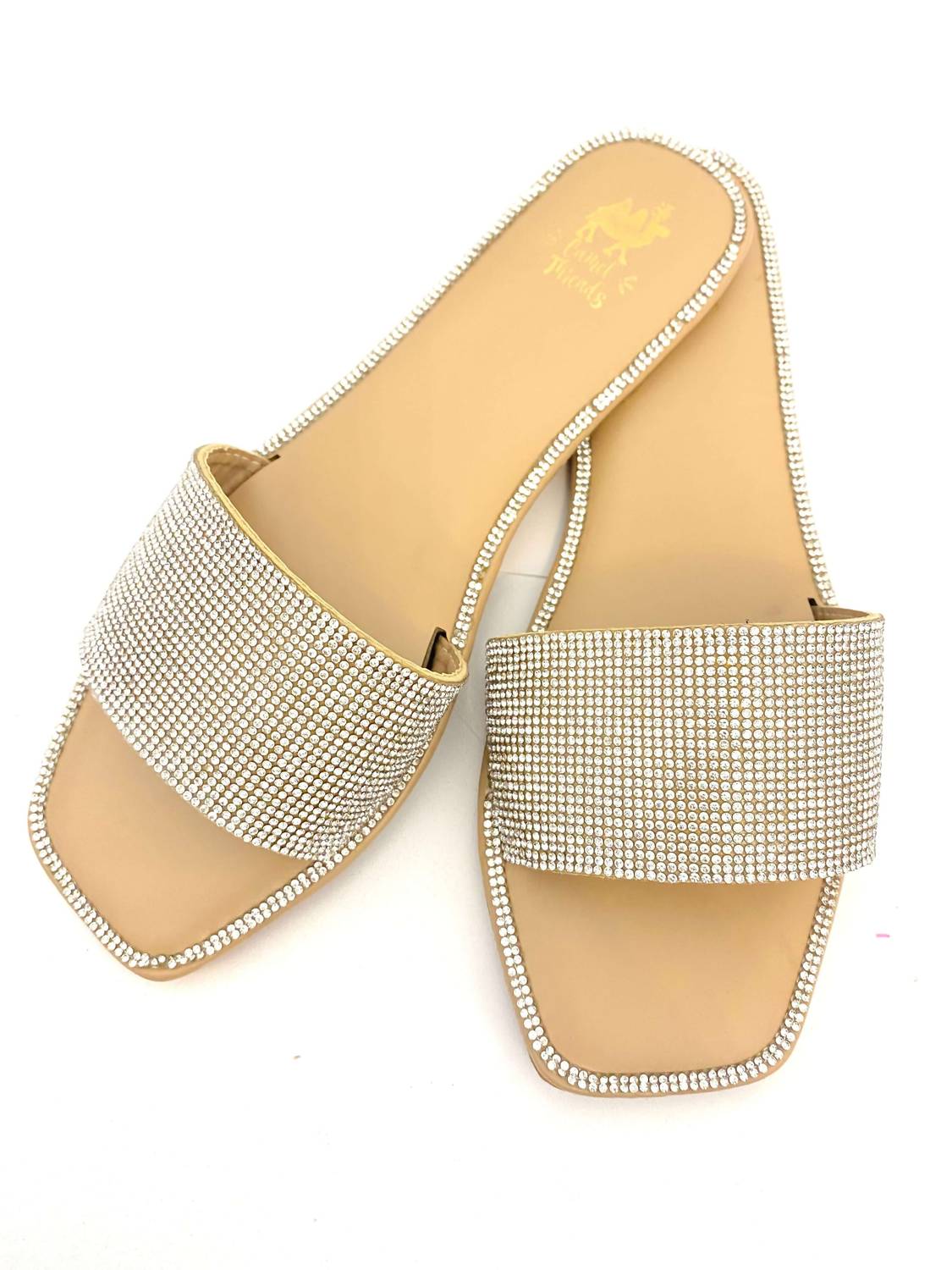Women's Diamond Slides In Tan/ Rhinestone Camel Threads, Tan/ Rhinestone