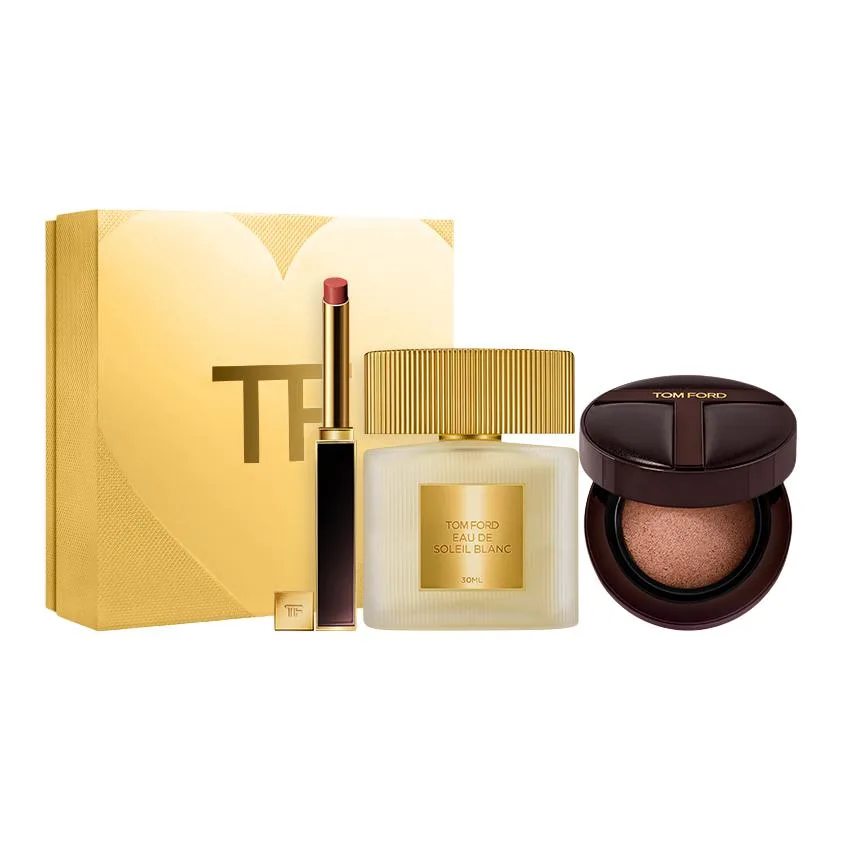 TF Box Limited Edition Помада и румяна Easy to Blend Adherent 2.8g+3.3g TOM FORD, three-piece set: ultra fine tube lip balm #152+t air cushion #0.7+sparkling iridescent светло-perfume 30ml