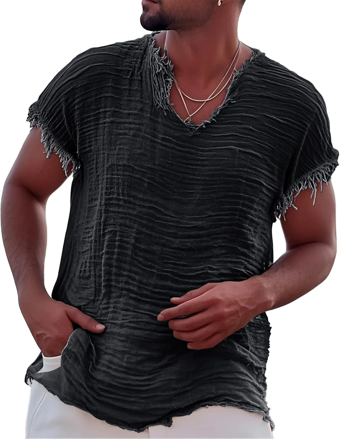 

Мужская футболка V-образного выреза из хлопка и льна с эффектом поношенности LGHLMCL