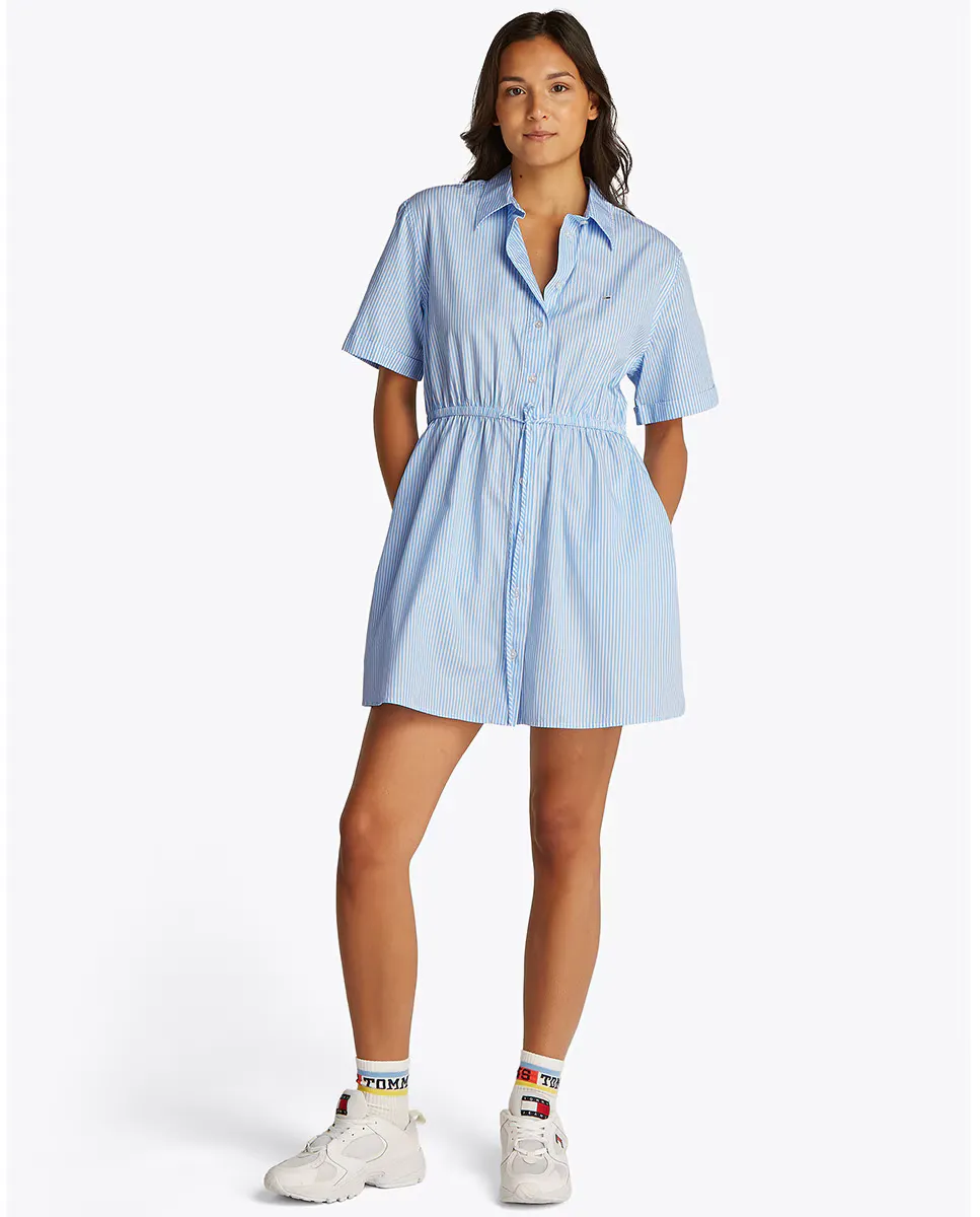 

Женское мини-платье-рубашка с коротким рукавом и в полоску Tommy Jeans, светло-голубой