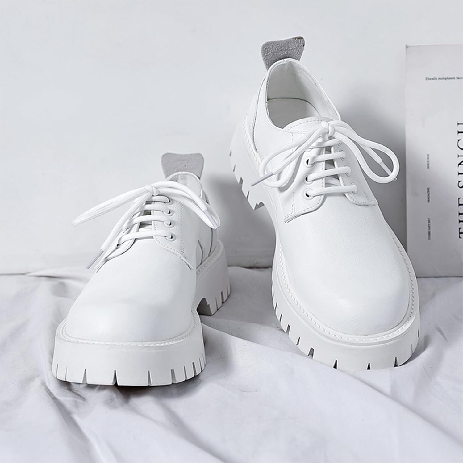 Мужские кожаные туфли с шнуровкой и массивной подошвой Oxfords, классический круглый носок, платформа, широкий каблук, деловые туфли, модные повседневные туфли Derby для увеличения роста Ptnoka, белый — фото 2
