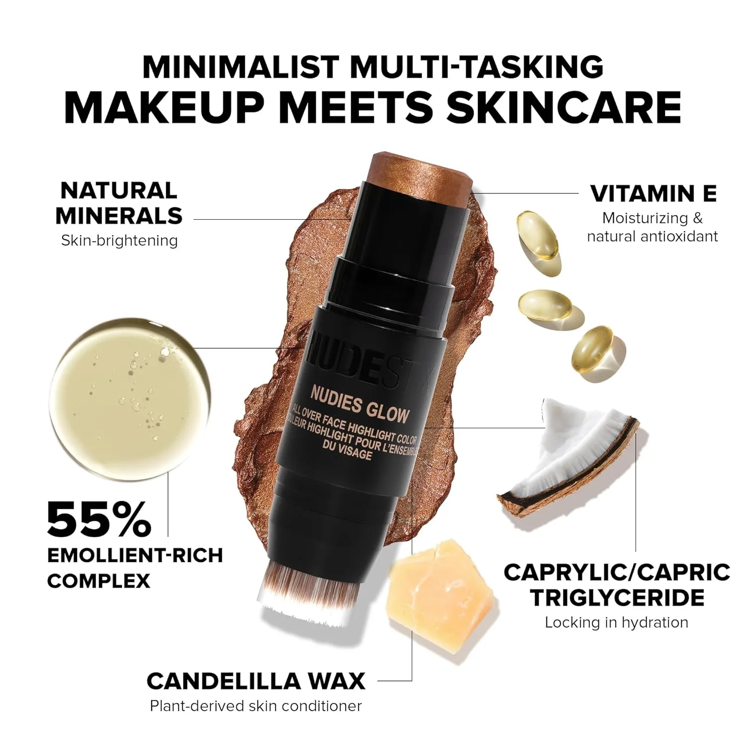 Nudestix Nudies Glow Highlighter Stick - универсальный кремовый хайлайтер для щек, глаз и тела со встроенной кистью, сияющий финиш, Ice Ice Baby — фото 3