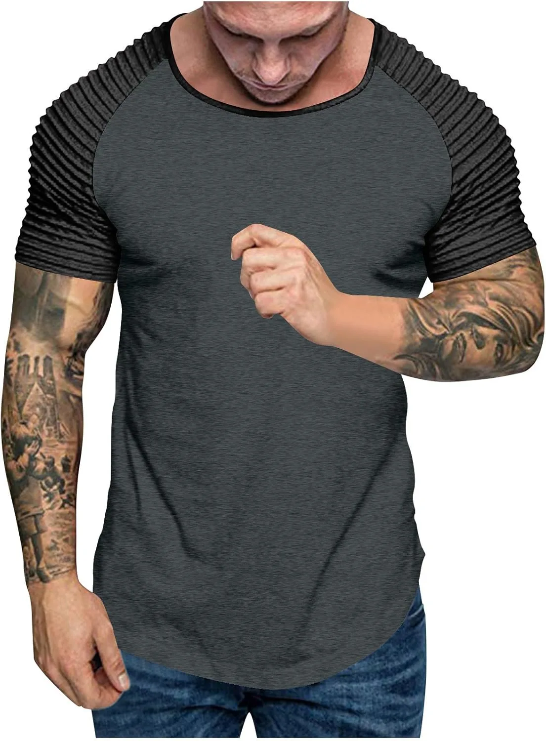 

Мужская футболка с регланными рукавами и плиссировкой для тренировок QUNPIU