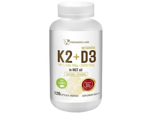

Progress Labs, Биологически активная добавка, витамин К2 МК-7 100 мкг + D3 2000 МЕ 50 мкг в масле МСТ, 120 капсул