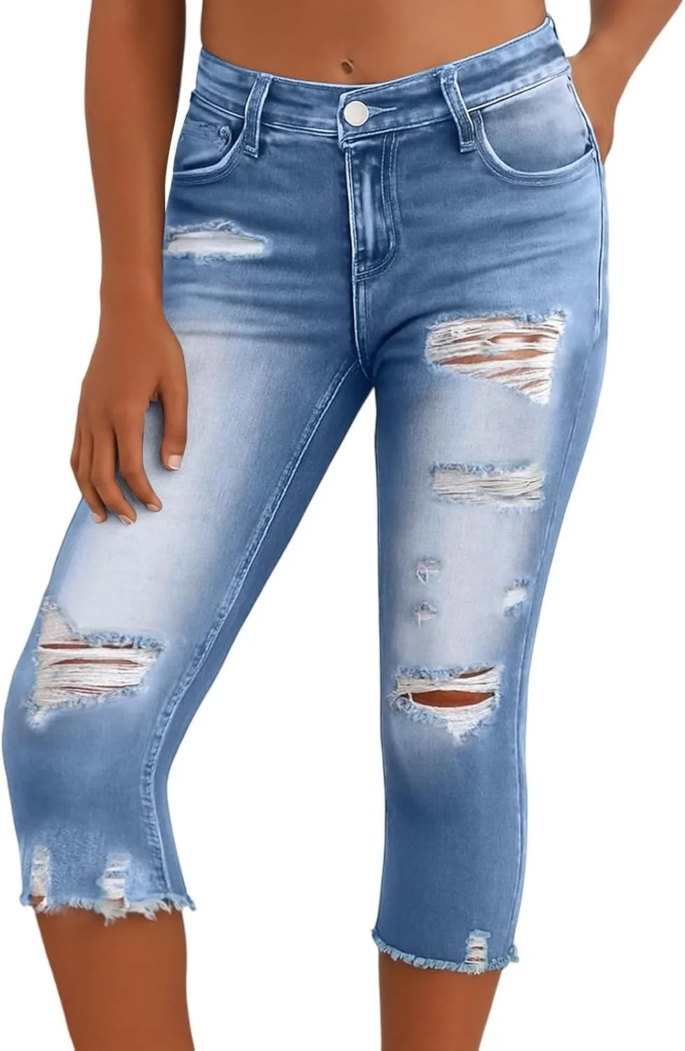 

Женские джинсы капри с высокой талией, облегающие, с потертостями и карманами midelxp